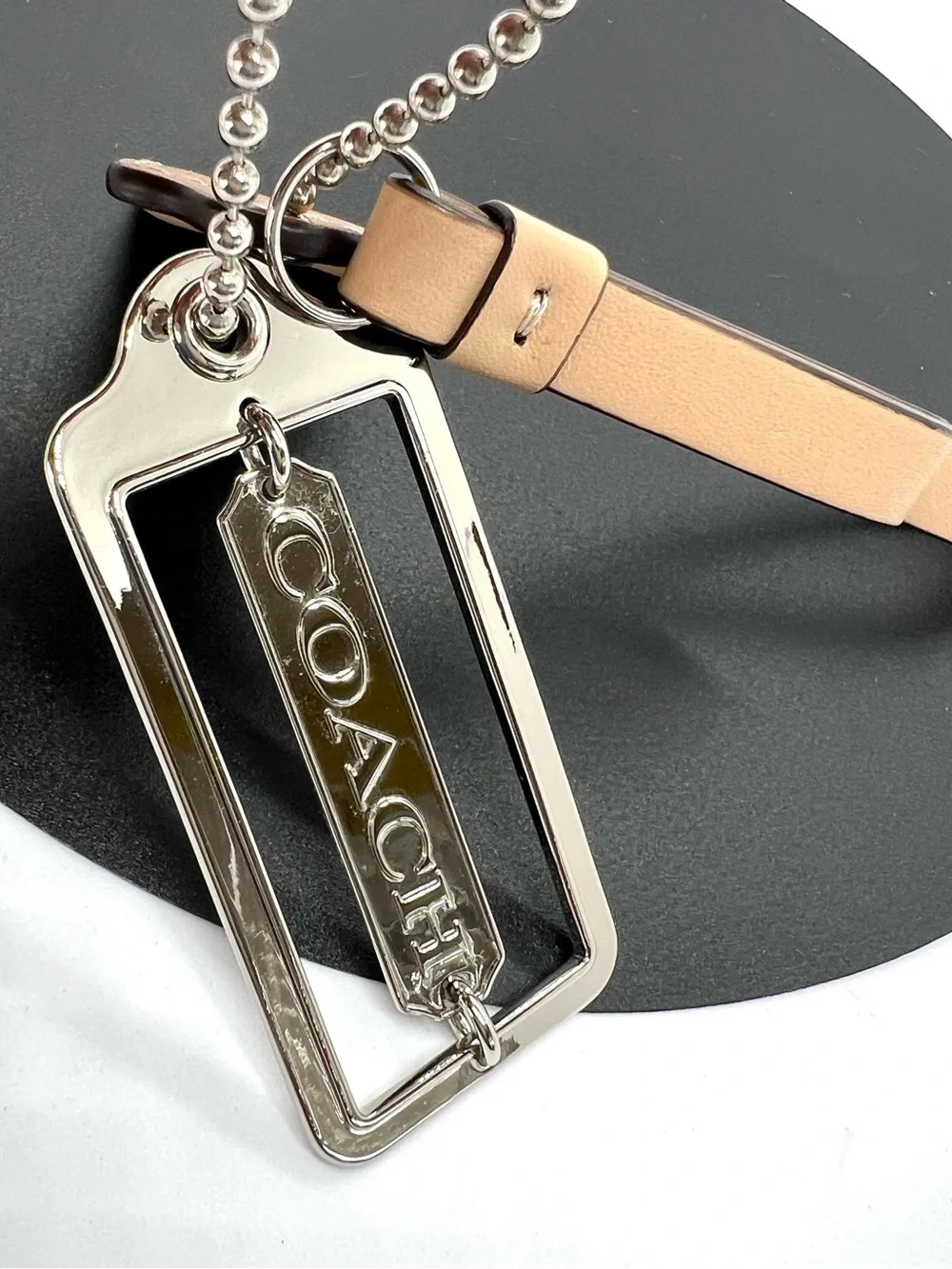 COACH Beige Leather Silver Logo 3 Piece Bag Charm Keychain Hang Tag Set
